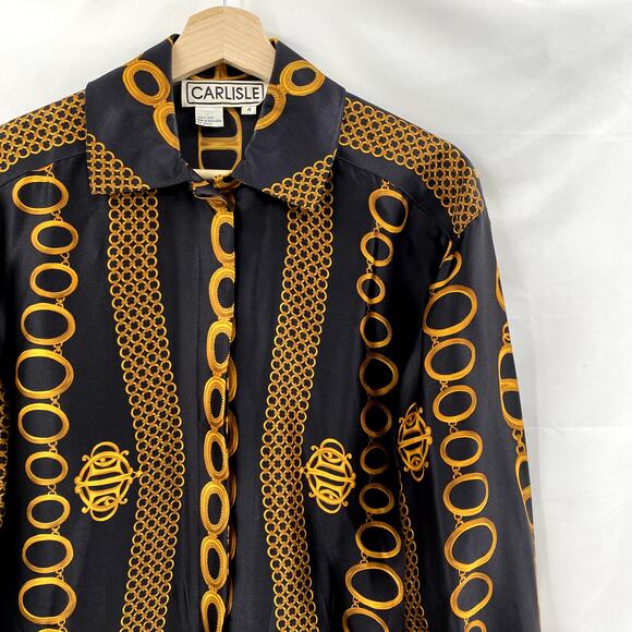 Vintage Carlisle 4 Black Gold Chainlink Satin button Down - Picture 1 of 4
